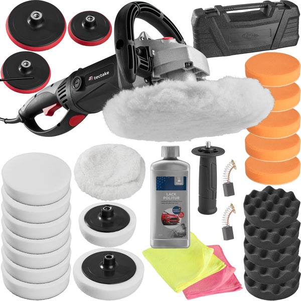30-teiliges Poliermaschinen-Set tectake  inklusive Lackpolitur, 2 Mikrofasertüchern, 2 Ersatzkohlen und Transportkoffer 1500 W schwarz
