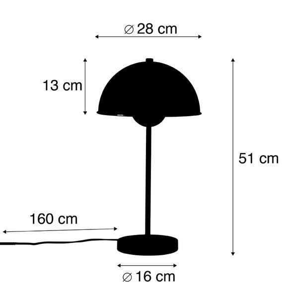 Abbildung einer Tischleuchte mit den Maßen: Höhe 51 cm, Lampenschirmdurchmesser 28 cm, Lampenschirmhöhe 13 cm, Fußdurchmesser 16 cm, Kabellänge 160 cm.