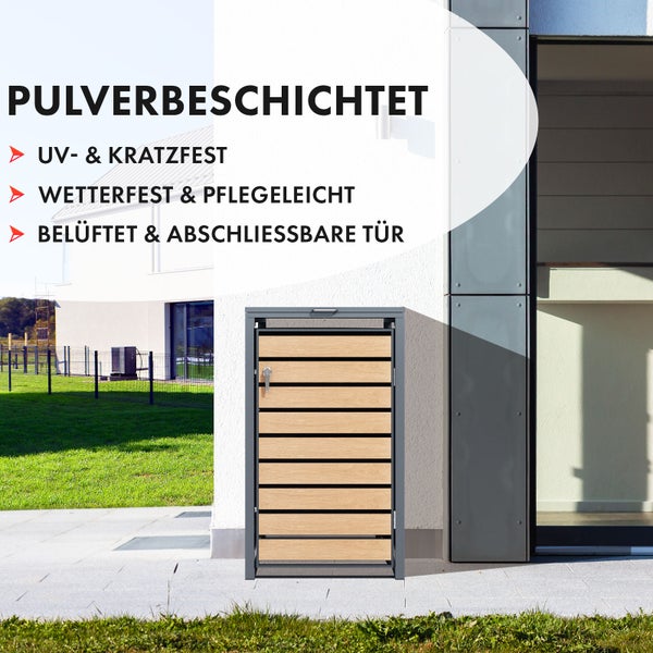 FLOORDIREKT Mülltonnenbox Johan Edelstahlrahmen und Holzdekor 68 x 80 x 116 cm - 1 Tür