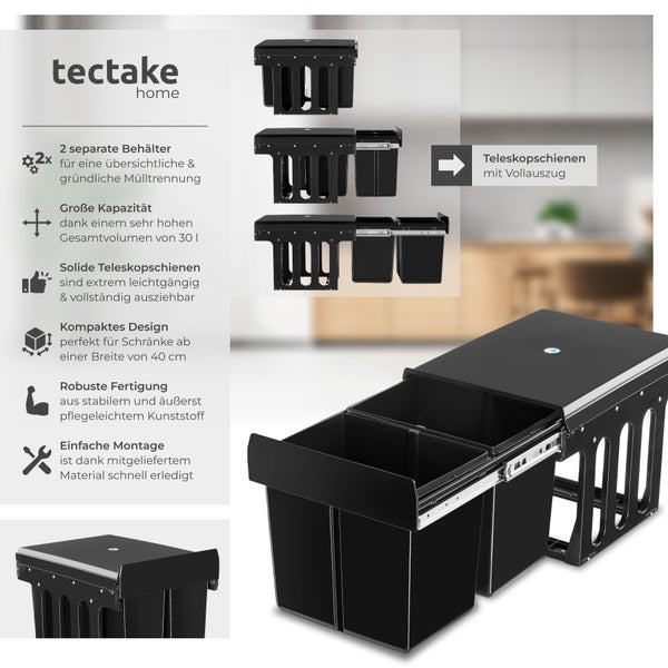 Abfallsammler tectake Ashlyn 35 x 48 x 35 cm 2-fach Mülltrennung, 2x15L schwarz