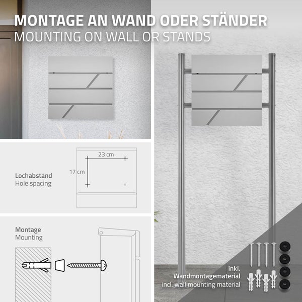 Briefkasten für Wand- oder Ständermontage, inklusive Lochabstand (23 mal 17 Zentimeter) und Wandmontagematerial.