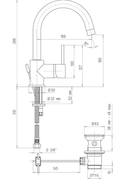 Technische Zeichnung einer Küchenarmatur mit Abmessungen