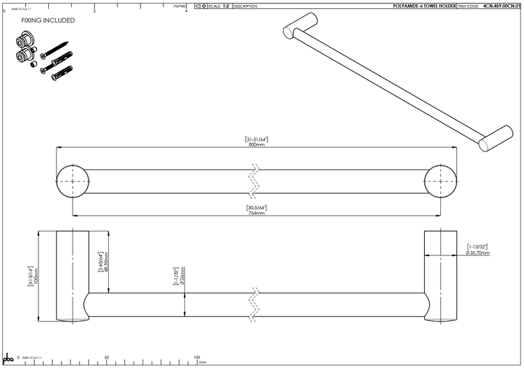Technische Zeichnung eines Handtuchhalters aus Polyamid-6 mit Maßangaben und Montagematerial sowie pba Logo.