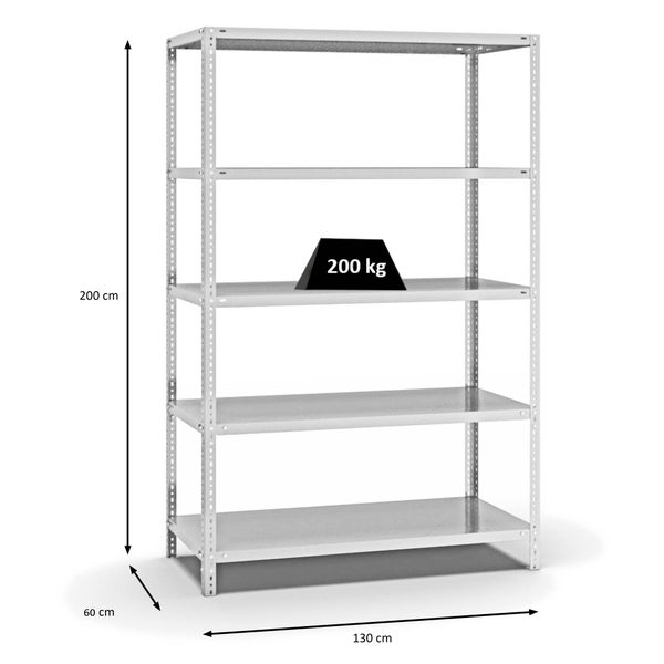 PROREGAL Fachbodenregal Schraubsystem Medium-Duty Grundregal HxBxT 200 x 130 x 60 cm 5 Ebenen Fachlast 200 kg Beidseitig Nutzbar Lichtgrau