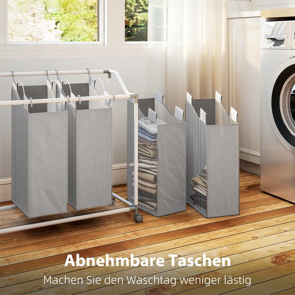 Wäschekorb mit vier Rollen, zwei davon mit Bremsen für einfache Mobilität