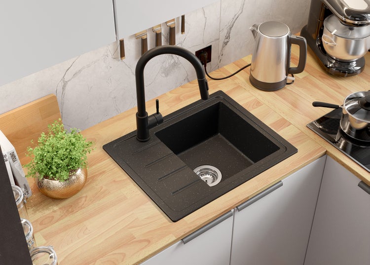 PRIMAGRAN Spülbecken Schwarz Metallic 55x44cm, Granitspüle 1 Becken + Ablauf-Set, Küchenspüle ab 45er Unterschrank - Kopenhagen Easy