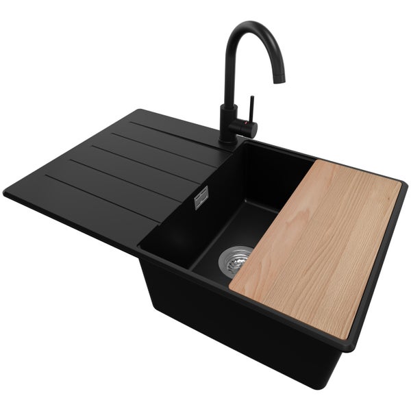 PRIMAGRAN Granitspüle Schwarz 78x50cm, Spülbecken 1 Becken + Küchenarmatur 32x20cm + Ablauf-Set + Schneidebrett, Küchenspüle ab 50er Unterschrank - Kopenhagen