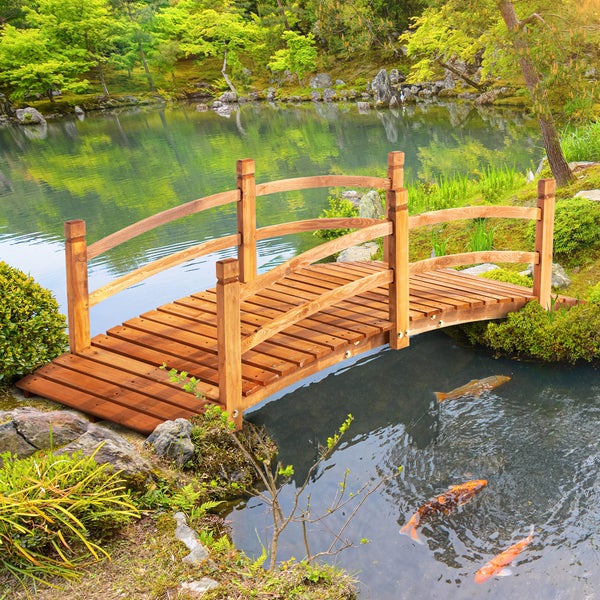 Outsunny Gartenbrücke 1,85 m Holzbrücke begehbar Holzsteg Teichbrücke Zierbrücke mit Geländer bis 200 kg Massivholz Orange
