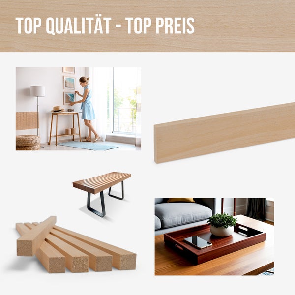 Collage verschiedener Holzprodukte wie Leisten und Kanthölzer sowie Anwendungsbeispiele wie Bank und Tablett in einem hellen, organisierten Wohnraum.