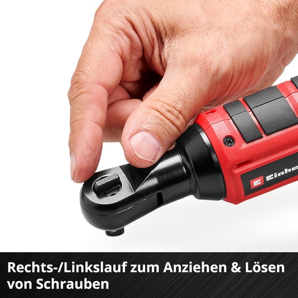 Einhell Akku-Ratschenschrauber mit Umschalter für Rechts- und Linkslauf zum Anziehen und Lösen von Schrauben.