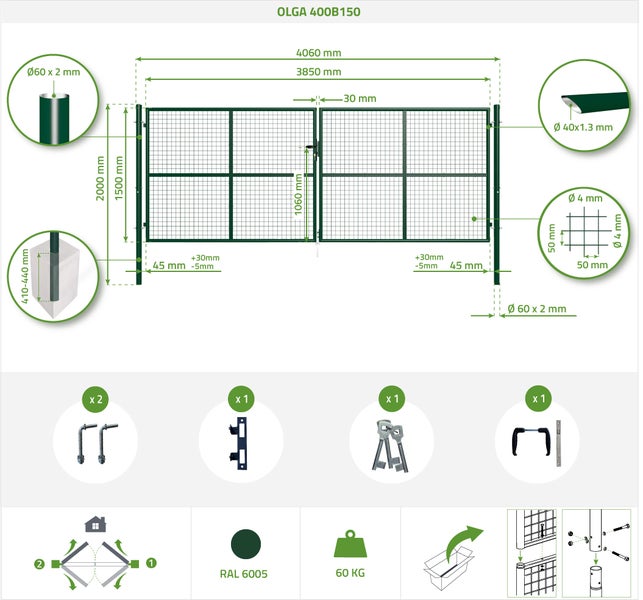 Technische Zeichnung eines Gartentors mit Maßen und Details zu den enthaltenen Komponenten
