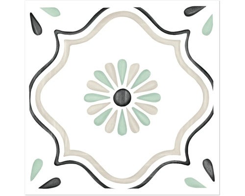 Quadratische Dekorfliese aus Feinsteinzeug mit floralem Muster im Vintage-Stil.