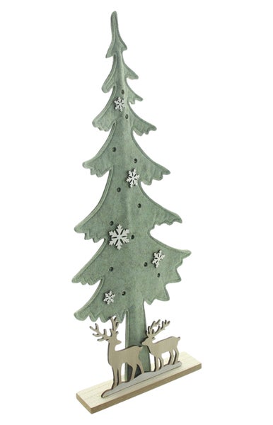 Dekorativer Weihnachtsbaum aus Filz mit Holzsockel und Hirschmotiven
