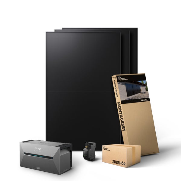 Balkonkraftwerk Komplettset mit vier Solarmodulen, Anker SOLIX Solarbank, Wand-Montageset und Zubehör.