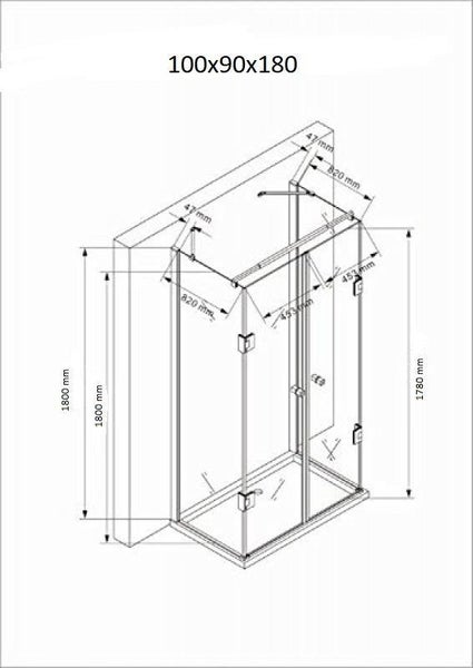 Technische Zeichnung einer Duschkabine mit den Maßen 100x90x180 Zentimeter.