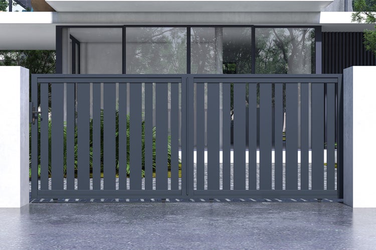 Schiebetor 4m VEYMONT H.160cm graues Aluminium + 2 Pfosten 20x20cm H.190cm