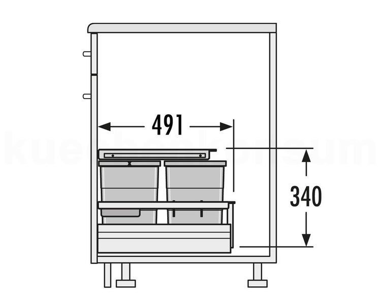Technische Zeichnung eines Abfalltrennsystems im Unterschrank mit Maßen 491 Millimeter Breite und 340 Millimeter Höhe.