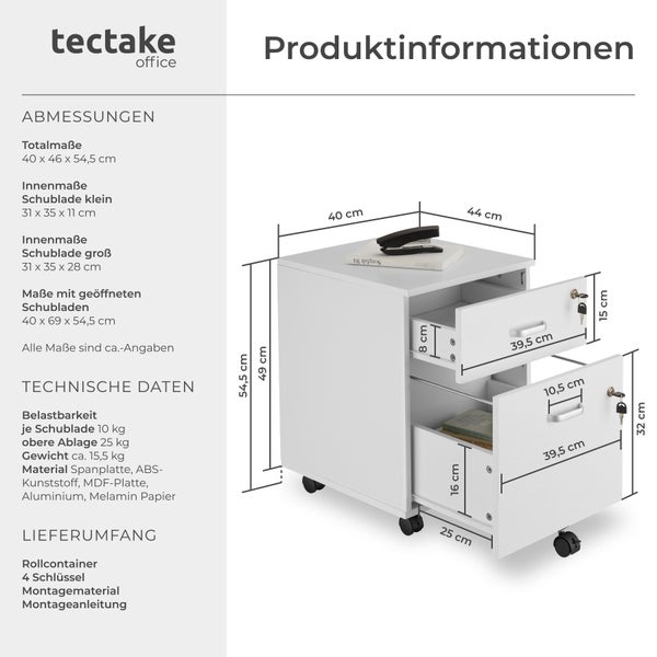 Rollcontainer tectake Vagur 40 x 44 x 54,5 cm mit 2 Schubladen für Dokumente im A4 Format weiß