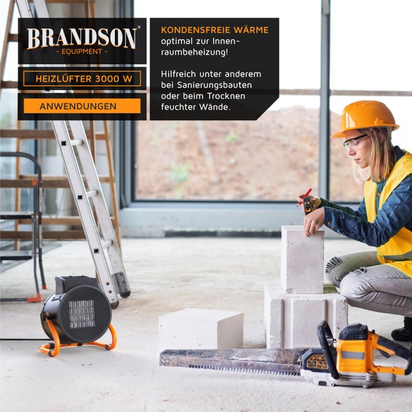 Brandson Heizlüfter, Bauheizer, Keramikheizer, Eletroheizer für Baustelle, Tragegriff, 3000W, 2 Heizstufen, Überhitzungsschutz