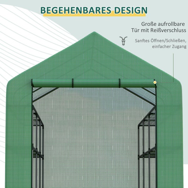 Outsunny Foliengewächshaus, begehbares Gewächshaus mit 8 Regalebenen, 244 x 180 x 210 cm, Stahl,PE-Kunststoff, Grün