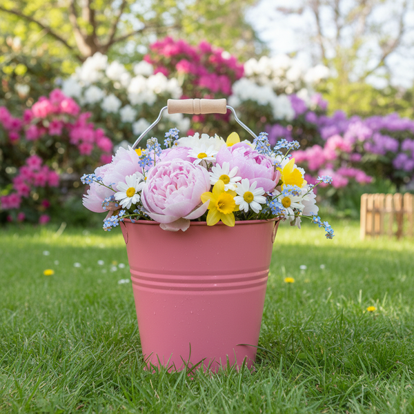 Metall-Eimer in Rosa mit einem Blumenstrauß aus Pfingstrosen, Gänseblümchen und Narzissen auf einer grünen Wiese im Garten.