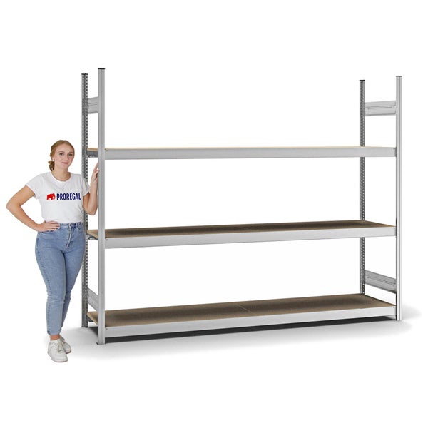 PROREGAL Weitspannregal Stecksystem T-Profil Grundregal HxBxT 200x250x50 cm 3 Ebenen Spanplatten Fachboden Fachlast 350 kg Verzinkt