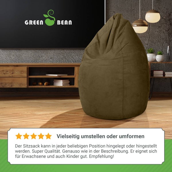Green Bean Sitzsack mit Rückenlehne 60x60x90cm - Indoor Sitzkissen 220L Füllung Kuschelig Waschbar - Bean Bag Bodenkissen Lounge Chair Sitzhocker - Olivgrün