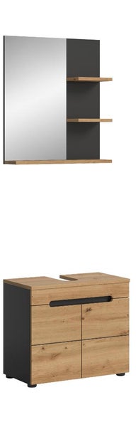 Badezimmermöbel-Set bestehend aus einem Spiegel mit Holzregalen und einem Waschbeckenunterschrank in Holzoptik mit anthrazitfarbenen Elementen.