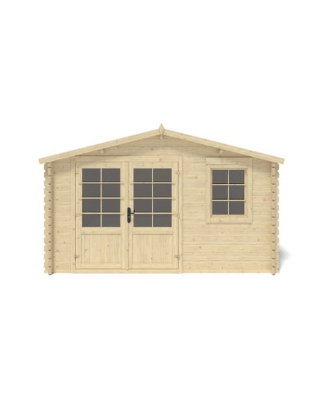 Gartenhaus aus Holz mit Doppeltür und Fenster, Satteldach, naturbelassenes Blockbohlenhaus.