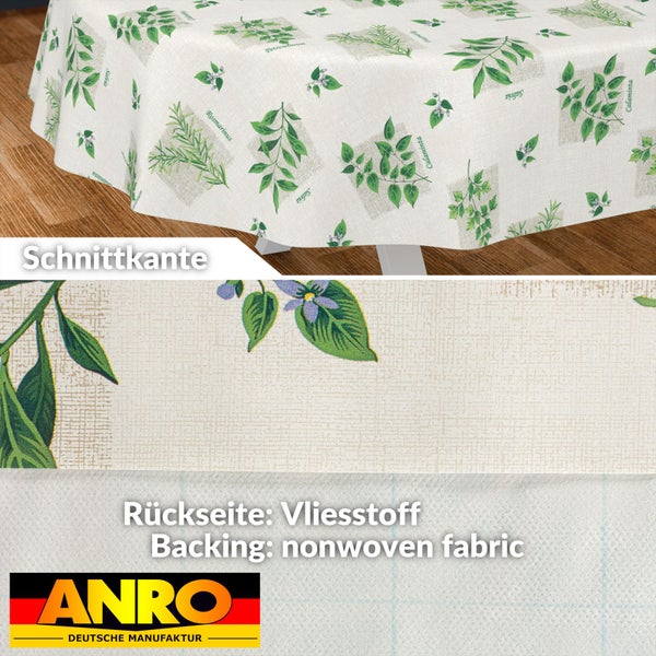 Abwaschbare Tischdecke mit Kräuter-Motiv, Detailansicht der Schnittkante und der Vliesrückseite, ANRO DEUTSCHE MANUFAKTUR Logo.