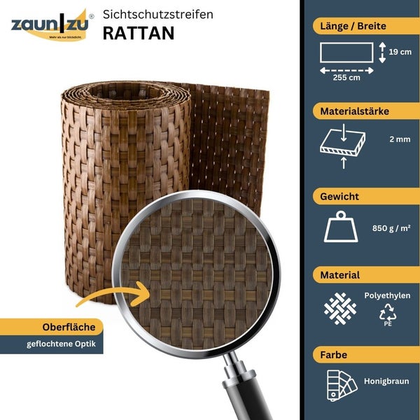 Zaun zu Sichtschutzstreifen Rattan, 255 cm Länge, 19 cm Breite, 2 mm Materialstärke, Gewicht 850 g pro Quadratmeter, Material Polyethylen, Oberfläche geflochtene Optik, Farbe Honigbraun