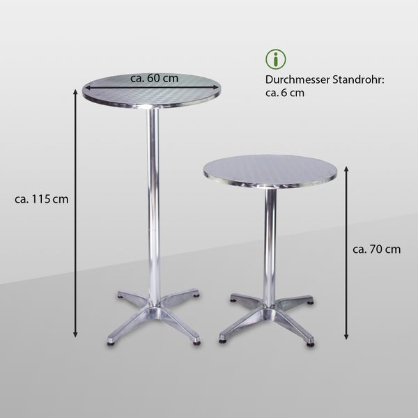 Zwei runde Stehtische aus Metall mit zentralem Standrohr und vierfüßigem Kreuzfuß, unterschiedliche Höhen von 115 Zentimeter und 70 Zentimeter.