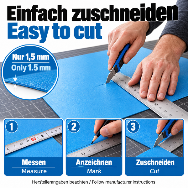 Anleitung zum Zuschneiden einer Kunststoffplatte mit 1,5 Millimeter Dicke mittels Cuttermesser und Metalllineal in drei Schritten.