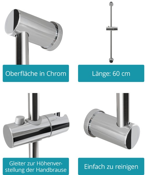 Calmwaters® Brausestange in Chrom, 60 cm Länge, mit Gleiter, 18 mm, Kleben oder Bohren, aus Metall, Wandstange mit Befestigungsmaterial, 22AG6205