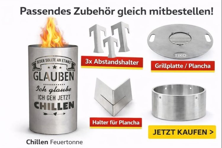 Chillen Feuertonne mit Zubehör: Abstandshalter, Grillplatte und Plancha Halter