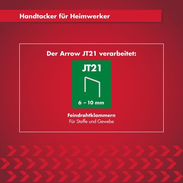 Handtacker Arrow JT21 verarbeitet Feindrahtklammern Typ JT21 in den Größen 6 bis 10 Millimeter für Stoffe und Gewebe.