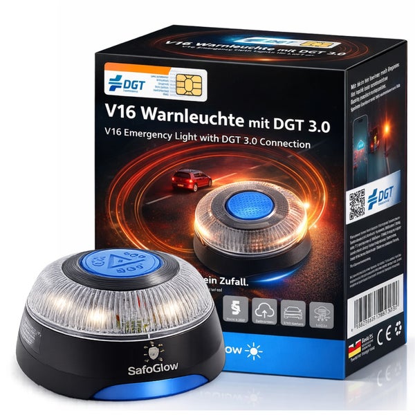 V16-Notfallwarnleuchte mit DGT-3.0-Verbindung und zugehöriger Verpackung