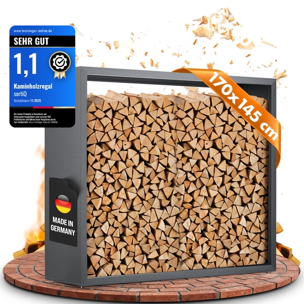 Kaminholzregal mit Holzscheiten, Abmessungen 170x145 cm, Made in Germany Siegel und Testsiegel