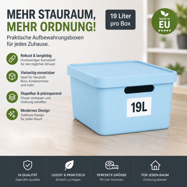 Blaue Kunststoff Aufbewahrungsbox mit Deckel 19 Liter Volumen für Haushalt und Büro.