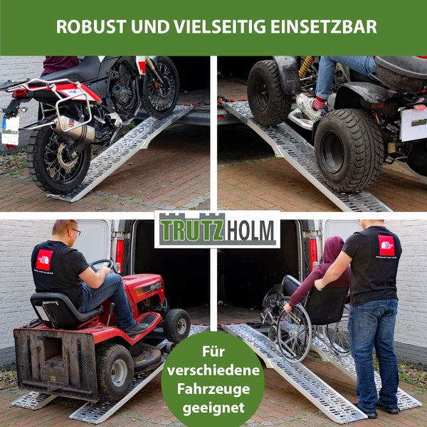 Mehrteilige Aluminium Auffahrrampe im Einsatz mit Motorrad, Quad, Rasenmäher und Rollstuhl
