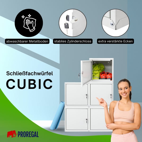 Weiße Proregal Schließfachwürfel Cubic aus Metall mit Zylinderschloss, verstärkten Ecken und abwaschbarem Boden. Proregal Logo.
