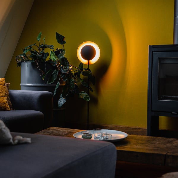 Wohnzimmer mit Stehlampe, Pflanze, Sofa und Kamin