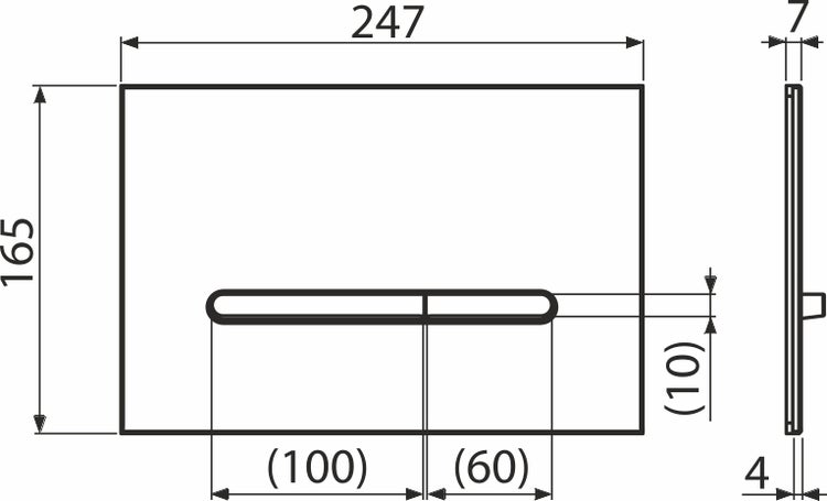 Technische Zeichnung einer rechteckigen WC-Betätigungsplatte mit zwei Spültasten und Maßen in Millimeter: 247 mal 165.