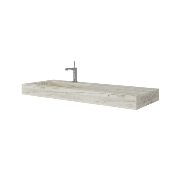 Waschbecken mit integrierter Ablagefläche in Holzoptik und Armatur.