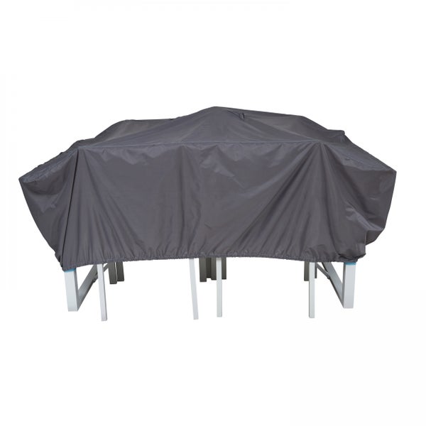 Graue Schutzhülle für Gartenmöbel-Sets aus witterungsbeständigem Material, deckt Tisch und Stühle ab.