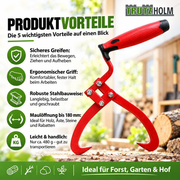 Trutzholm Holzgreifer mit ergonomischem Griff und robuster Stahlkonstruktion für Forst, Garten und Hof mit 180 Millimeter Maulöffnung.