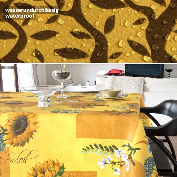 Wasserundurchlässige Tischdecke mit Sonnenblumen-Motiv, abgebildet in einem Wohnzimmer und als Nahaufnahme mit Wassertropfen.