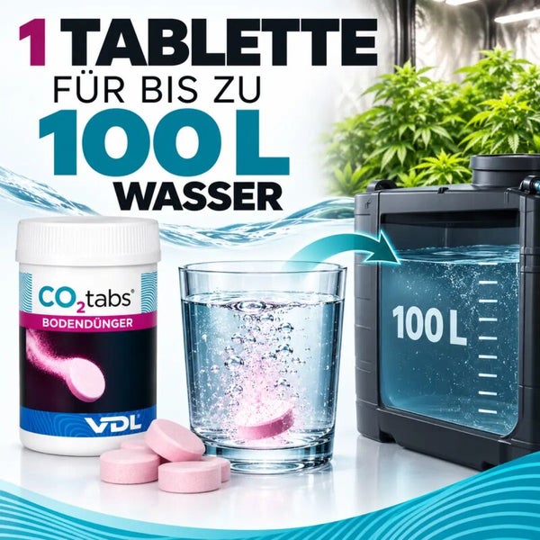VDL CO2 Tabs Bodendünger in einer Dose, eine Tablette reicht für bis zu 100 Liter Wasser, dargestellt mit einem Wasserbehälter.