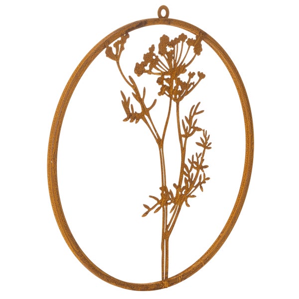 Ovaler Gartenanhänger aus Metall in Rostoptik mit einer Wildblumen Silhouette.
