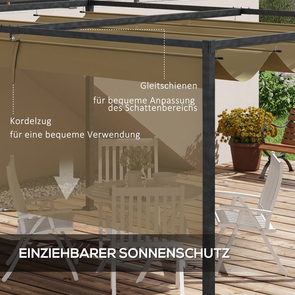 Terrasse mit Pergola, Esstisch und Gartenmöbeln auf einer Holzterrasse